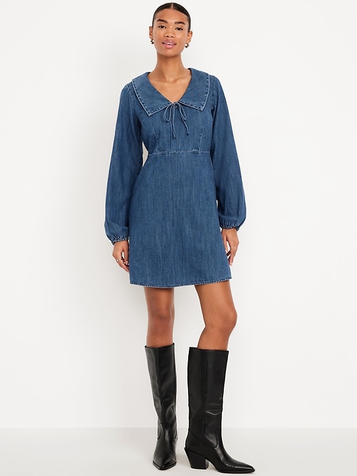 Image number 1 showing, Long-Sleeve Fit & Flare Collared Jean Mini Dress