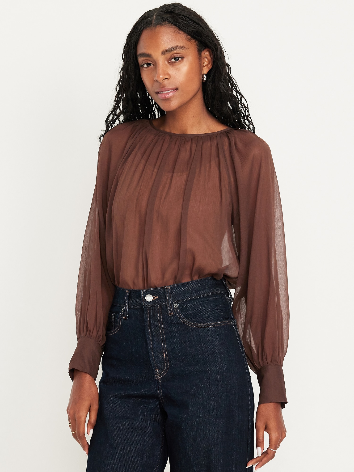 Shirred Chiffon Long-Sleeve Top