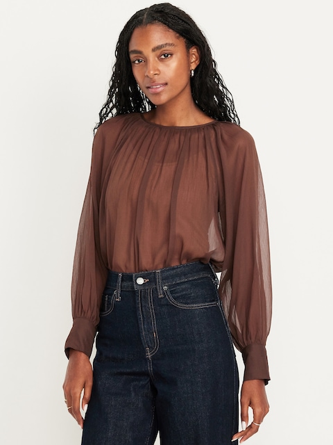 Shirred Chiffon Long-Sleeve Top - Earthen