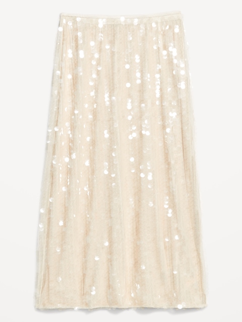 High-Waisted Sequin Midi Pencil Skirt - Creme Shine