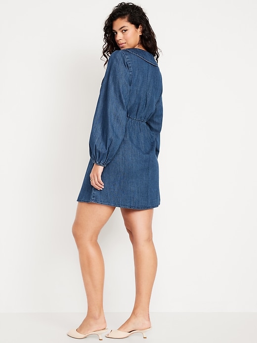 Image number 7 showing, Long-Sleeve Fit & Flare Collared Jean Mini Dress