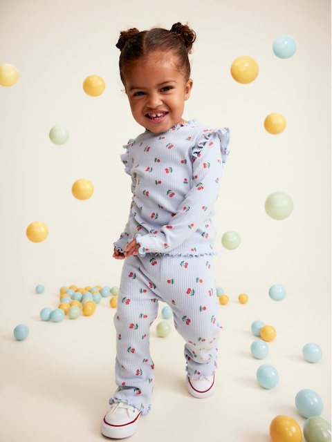 Printed Cozy Rib-Knit Ruffled Top and Pants Set for Baby - Cherry Blue