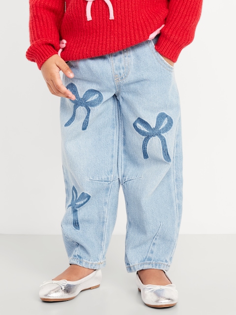Pull-On Baggy Bow Barrel-Leg Jeans for Toddler Girls