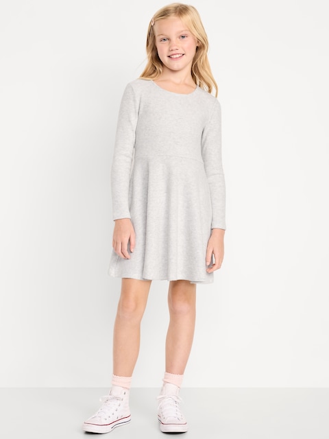 Cozy Long-Sleeve Ribbed Fit and Flare Dress for Girls - Light Gray