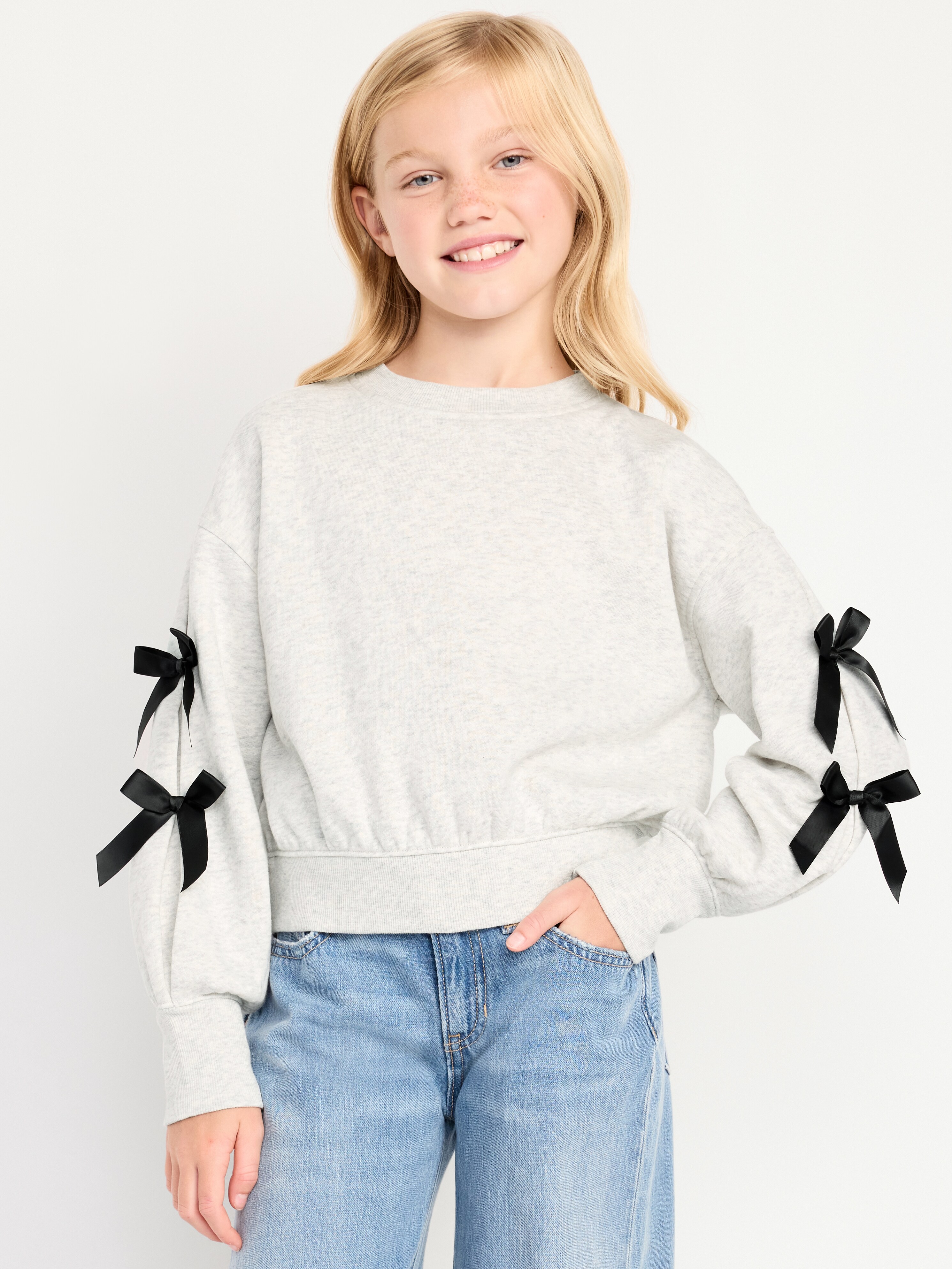 Cozy Bow-Sleeve Crew-Neck Sweatshirt for Girls