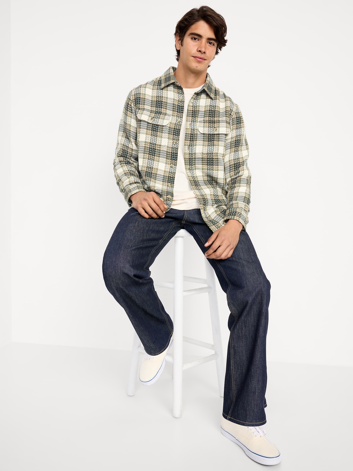 Loose Fit Textured Plaid Pocket Shirt