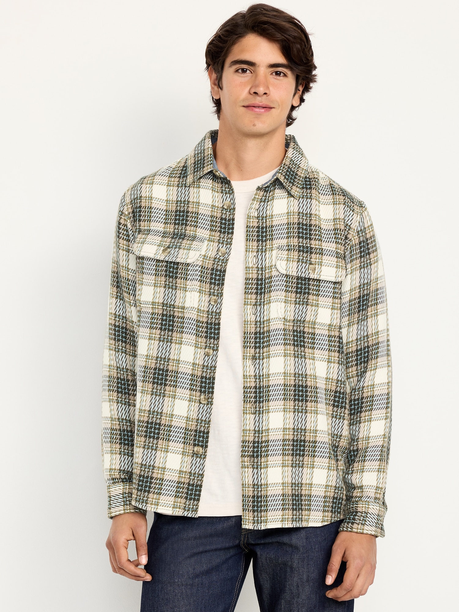 Loose Fit Textured Plaid Pocket Shirt