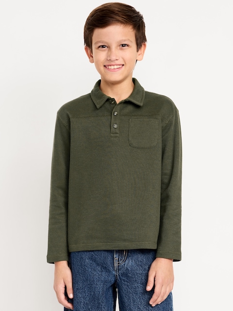 Long-Sleeve French Rib-Knit Pocket Polo Shirt for Boys - Forest Floor