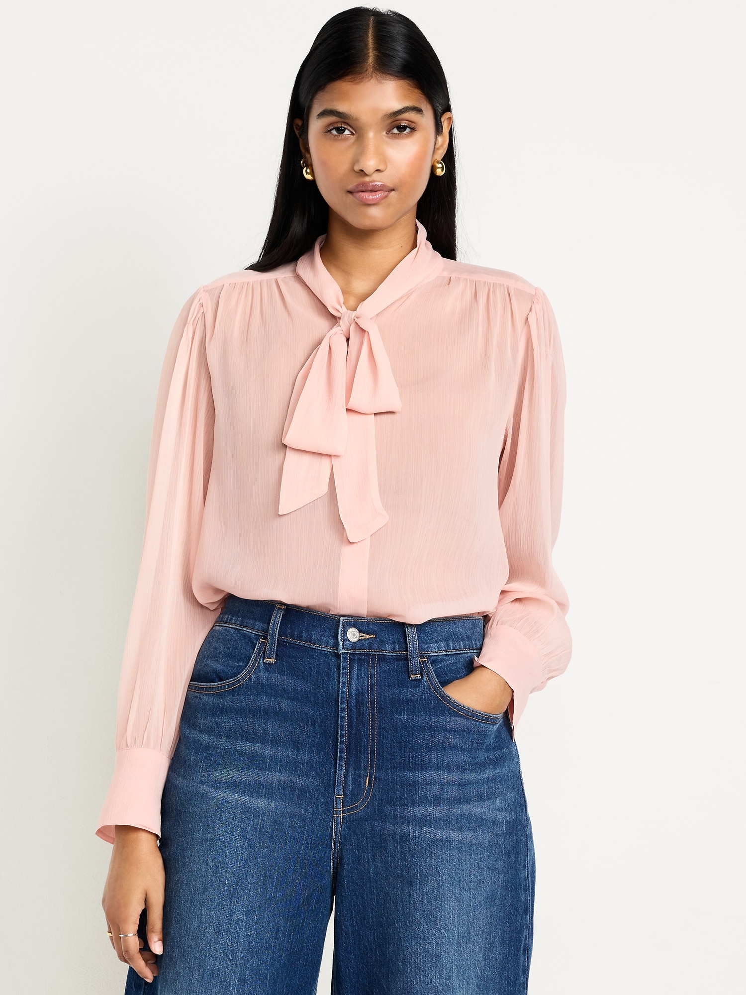 Long-Sleeve Tie-Neck Chiffon Top