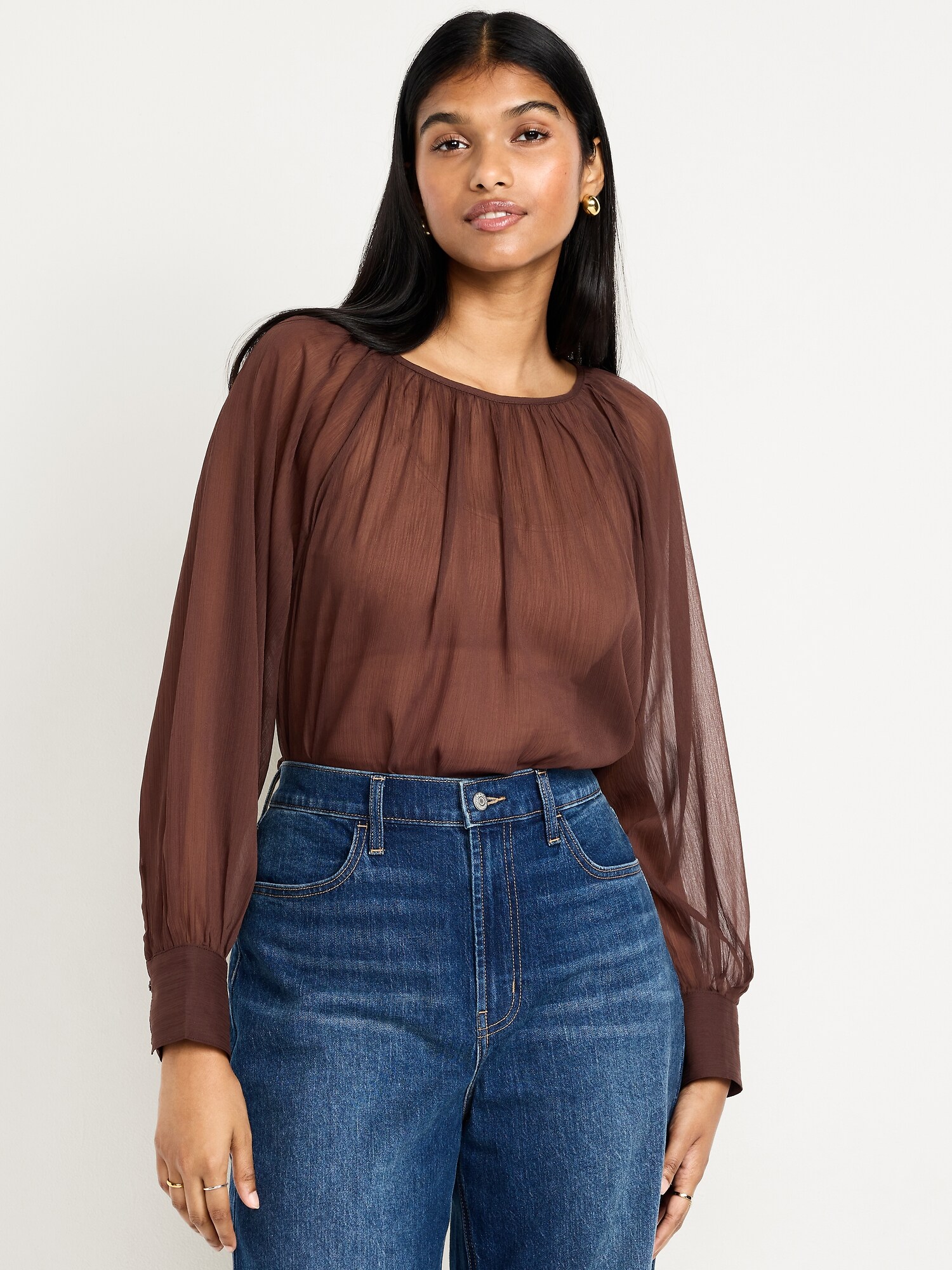 Женский топ Old Navy Shirred Chiffon Long-Sleeve Top, цвет: Earthen — фото 3