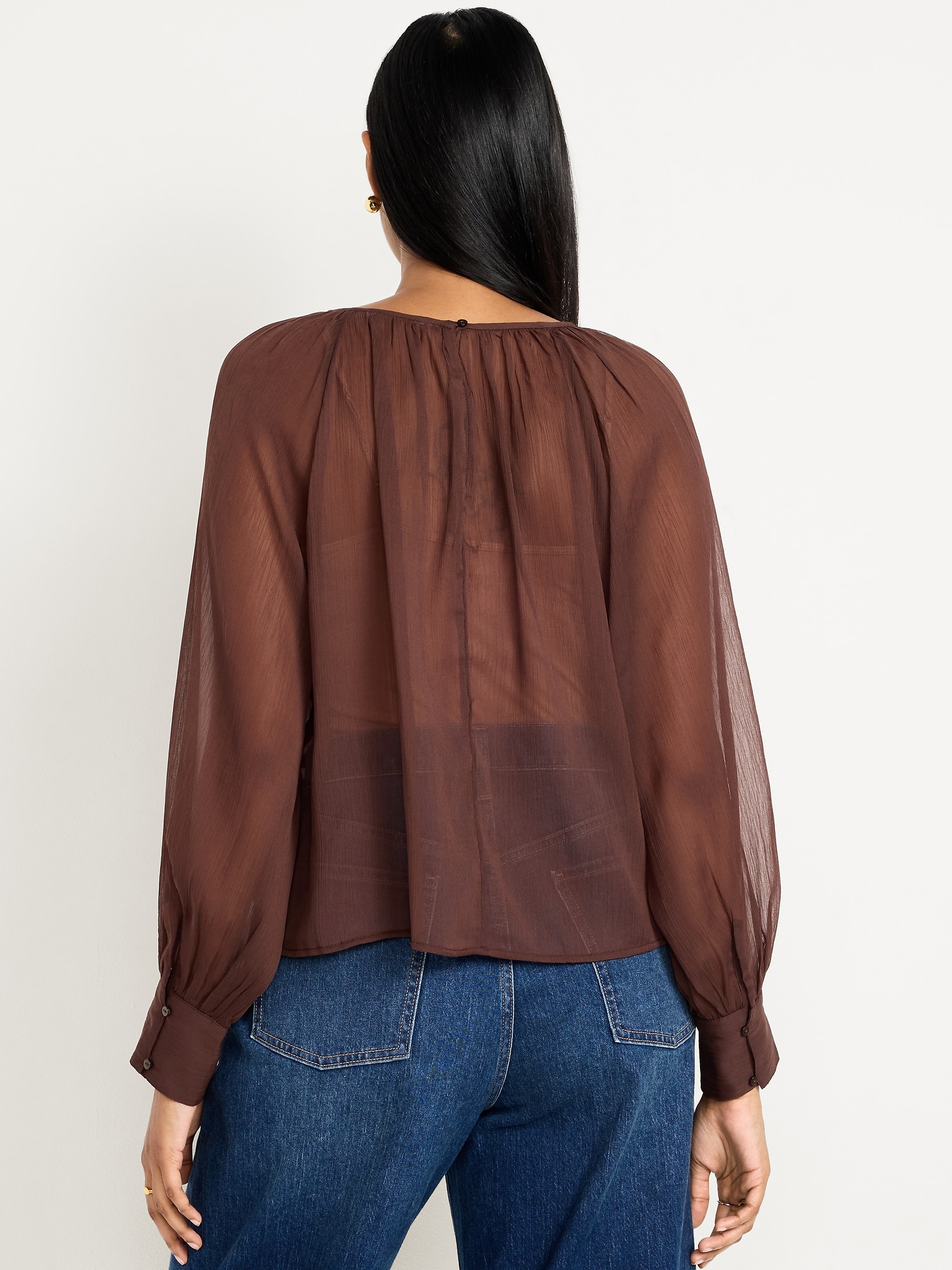 Женский топ Old Navy Shirred Chiffon Long-Sleeve Top, цвет: Earthen — фото 4
