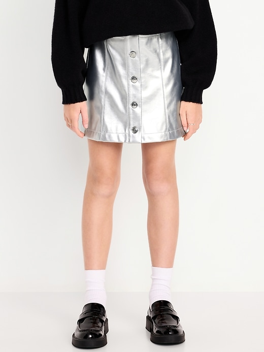 Image number 1 showing, Faux-Leather Silver Shine Button-Front Skirt for Girls