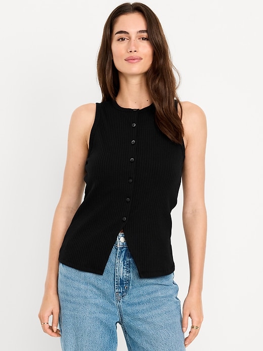 Image number 1 showing, Sleeveless Button-Down Ribbed Top