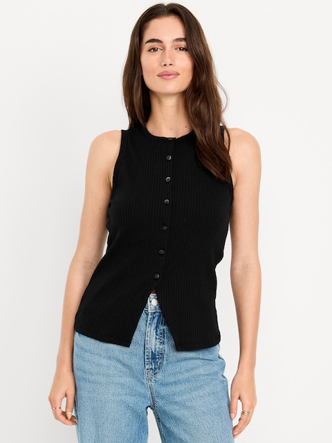 Sleeveless Button-Down Ribbed Top