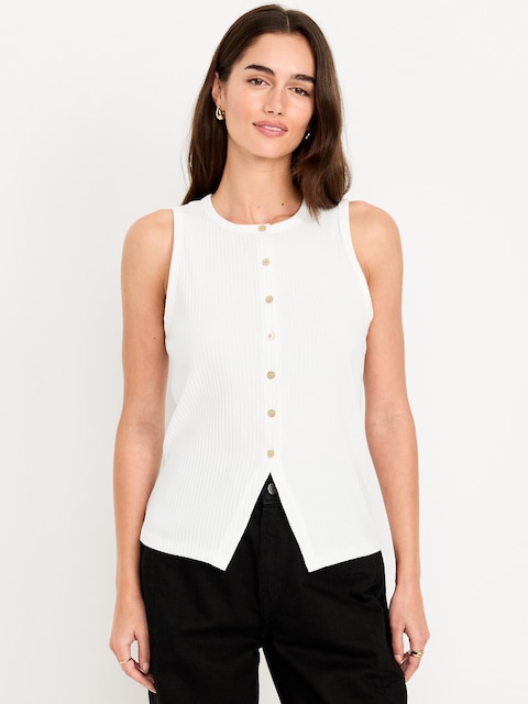 Sleeveless Button-Down Ribbed Top - White Lilies