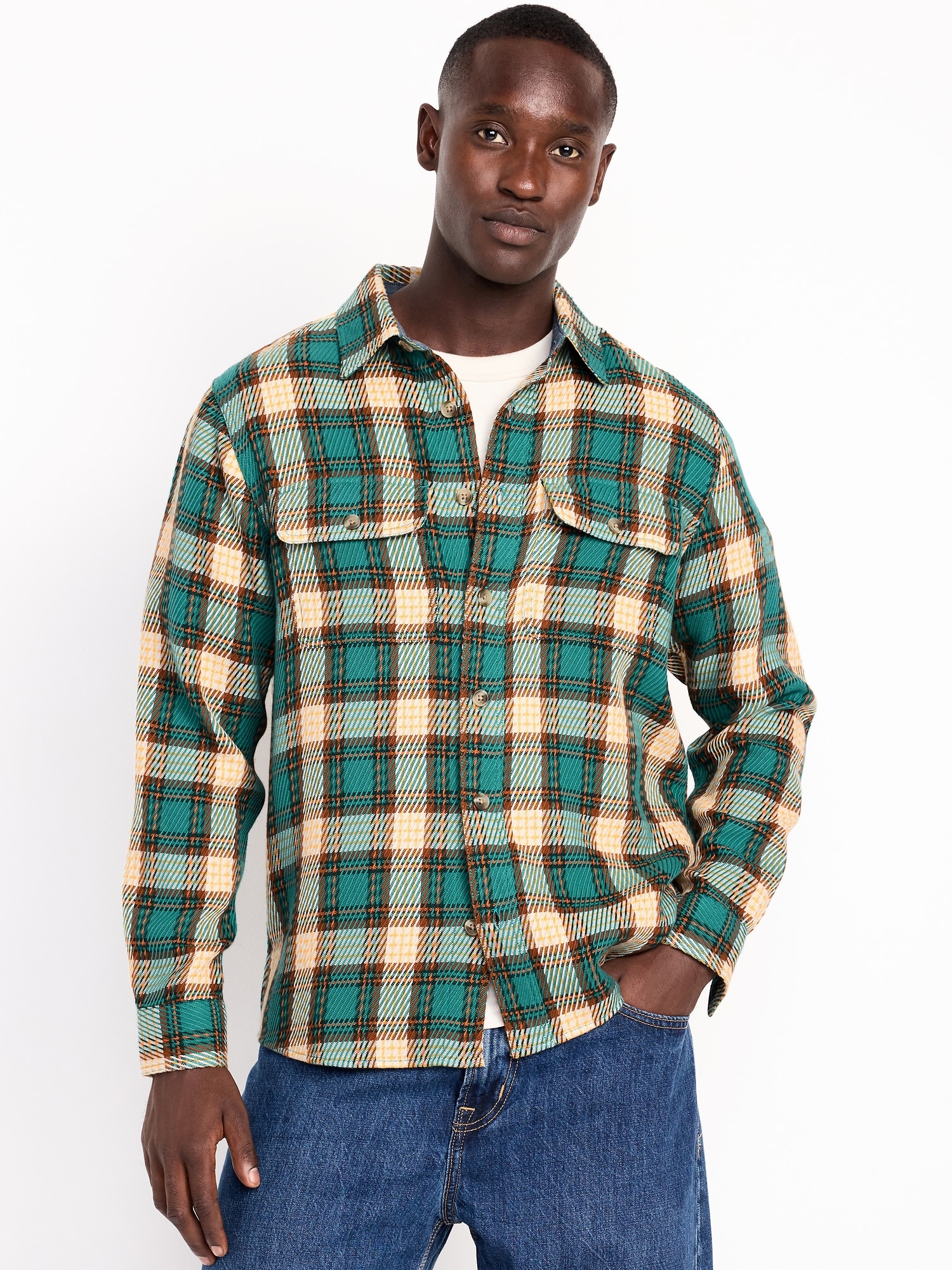 Loose Fit Textured Plaid Pocket Shirt