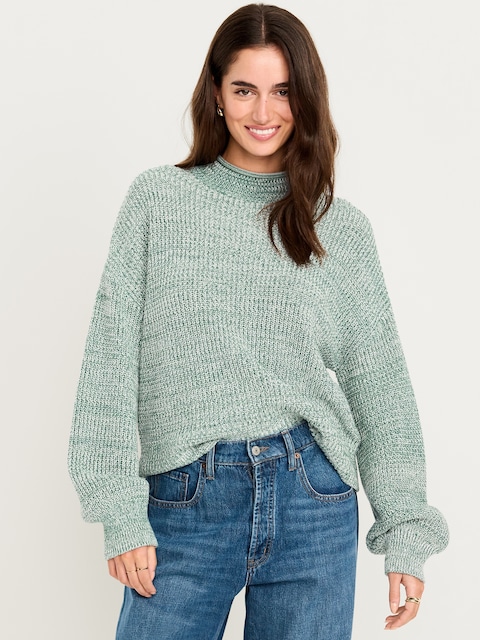 Roll-Neck Marled Seaside Cotton Sweater