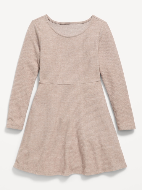 Cozy Long-Sleeve Ribbed Fit and Flare Dress for Girls - Natural White