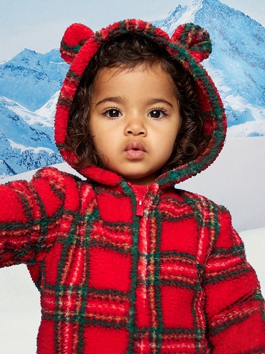 Image number 3 showing, Hooded Plaid Critter Sherpa One-Piece for Baby