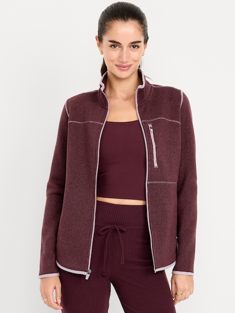 Sweater-Knit Fleece Zip Jacket - Dark Sepia