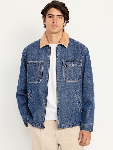 Sherpa-Lined Workwear Zip Jean Jacket - Dark Wash