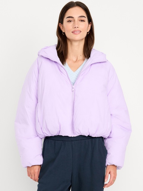 Water-Resistant Bubble-Hem Hooded Puffer Jacket - Lavender Purple