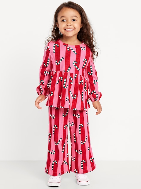 Waffle-Knit Peplum Top and Pants Set for Toddler Girls - Candy Cane Print