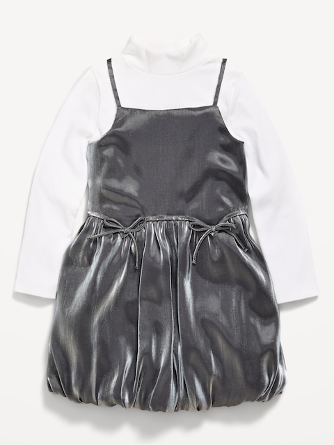 Mock-Neck Top and Satin Bubble Dress Set for Toddler Girls - Black Metallic