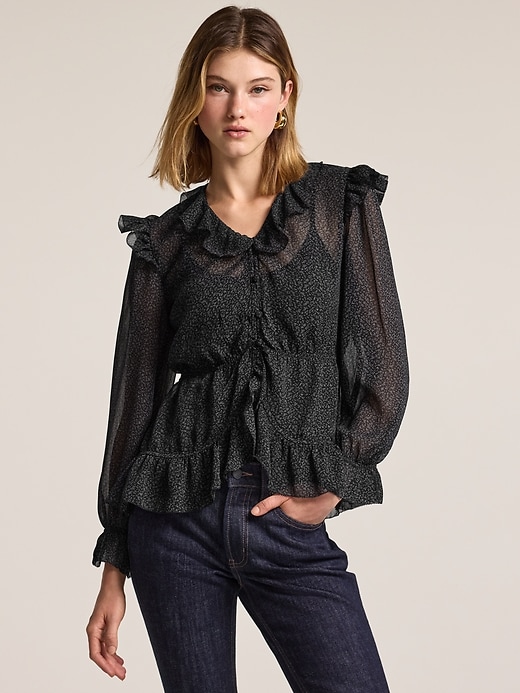 Image number 1 showing, Old Navy x Anna Sui Chiffon Ruffle Button-Down Top