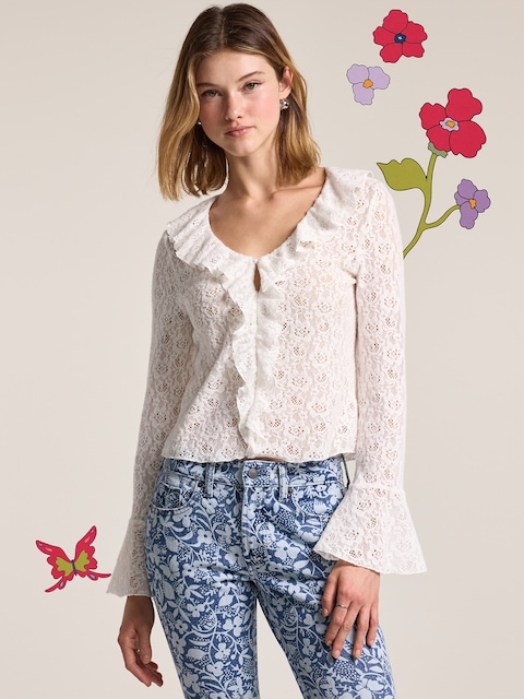 Old Navy x Anna Sui V-Neck Floral Lace Top - Sea Salt