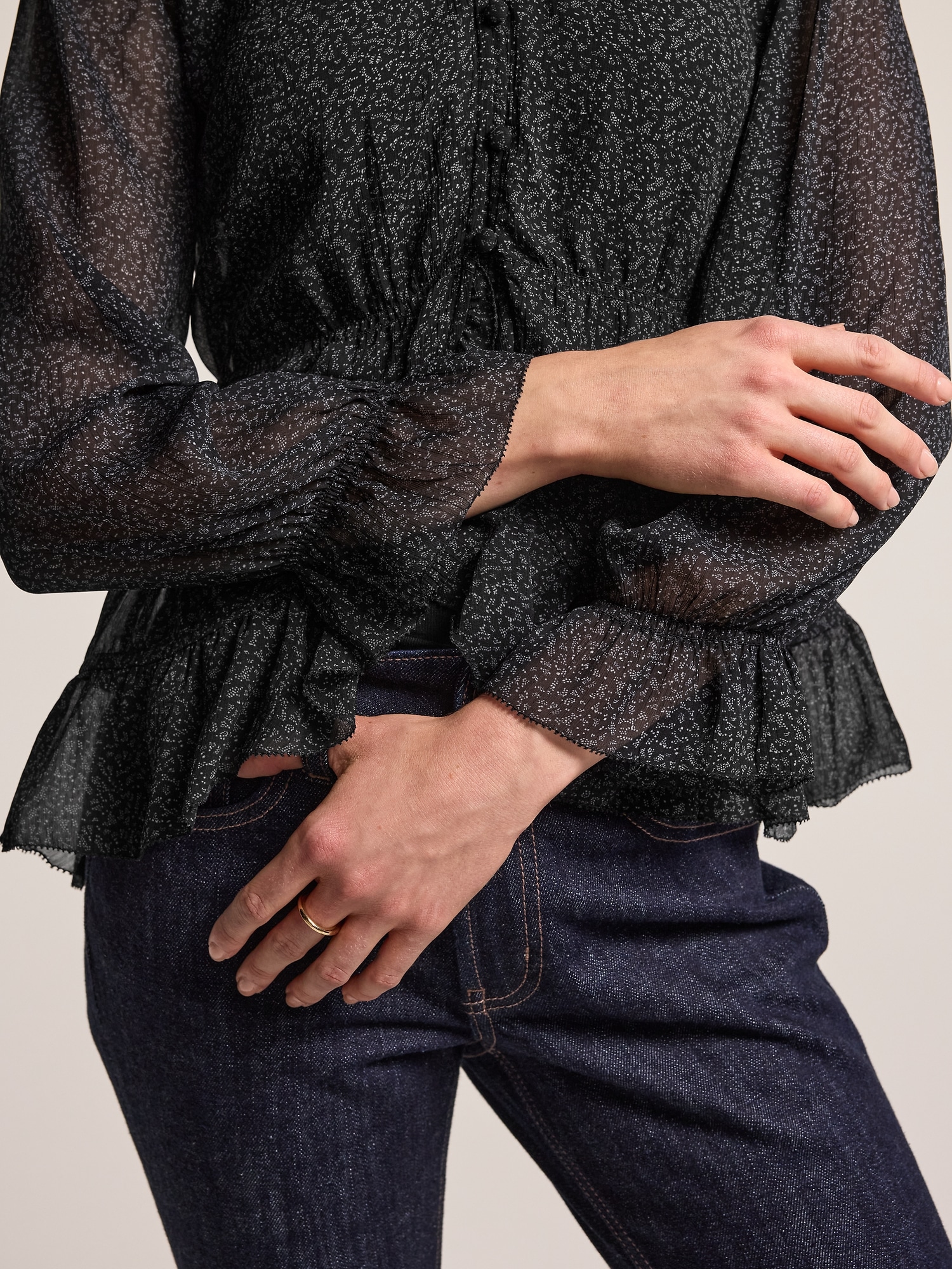 Old Navy x Anna Sui Chiffon Ruffle Button-Down Top