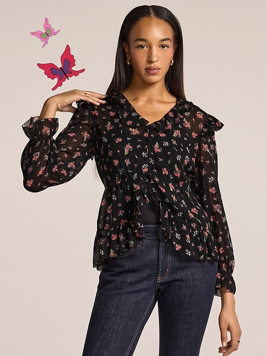 Image number 1 showing, Old Navy x Anna Sui Chiffon Ruffle Button-Down Top