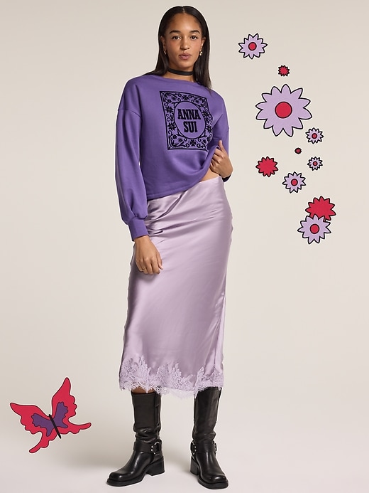 Image number 1 showing, Old Navy x Anna Sui Satin Lace Hem Midi Skirt