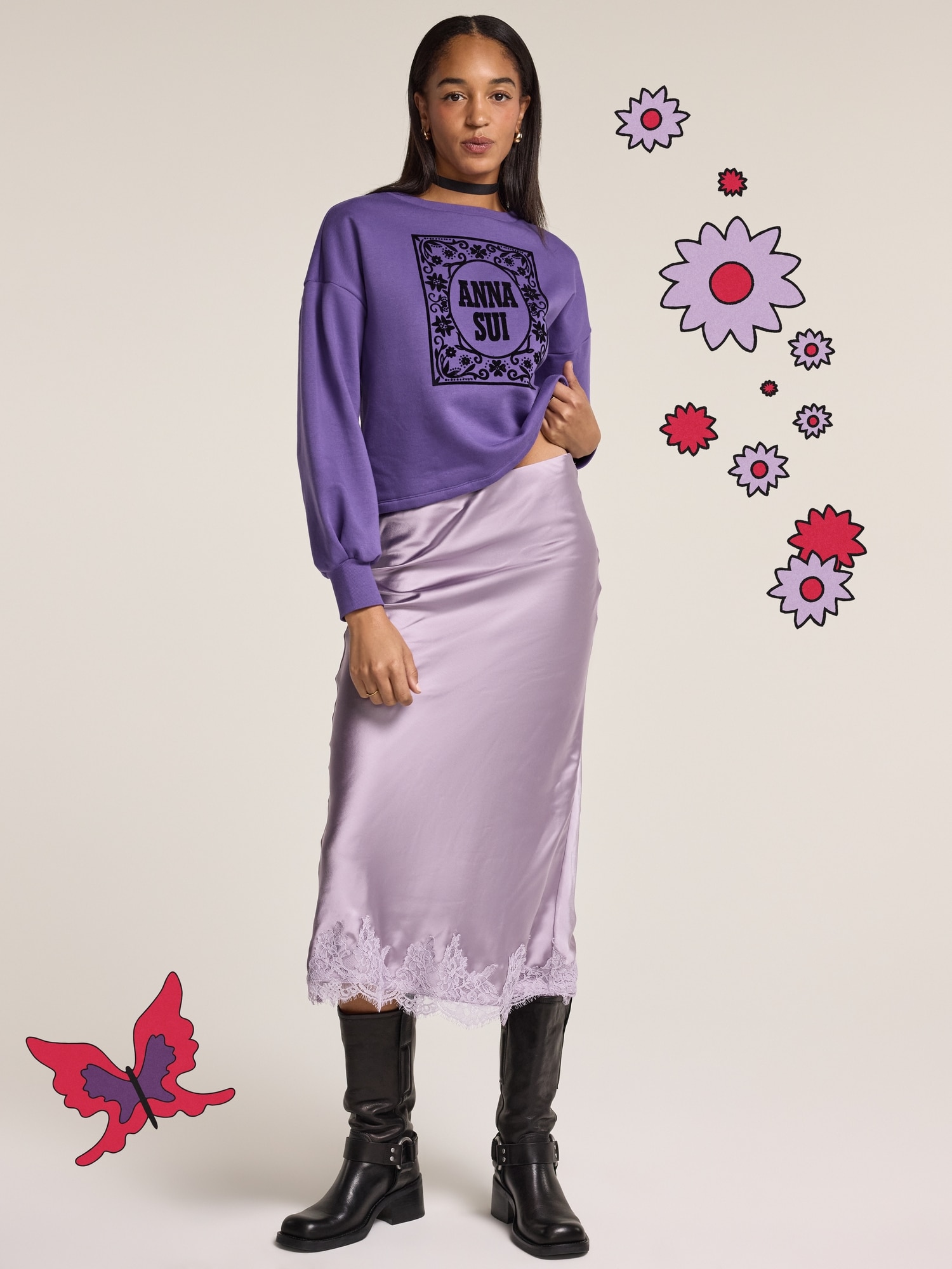 Old Navy x Anna Sui Satin Lace Hem Midi Skirt