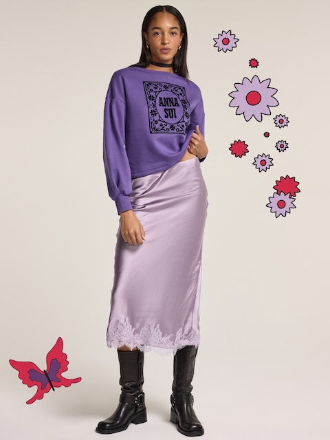 Old Navy x Anna Sui Satin Lace Hem Midi Skirt - Dahlia