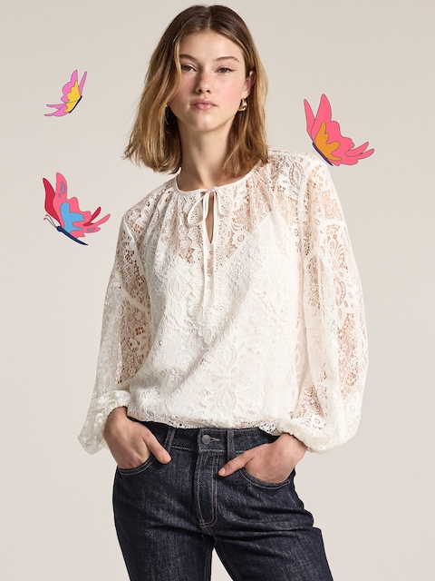 Old Navy x Anna Sui Lace Applique Top - Sea Salt