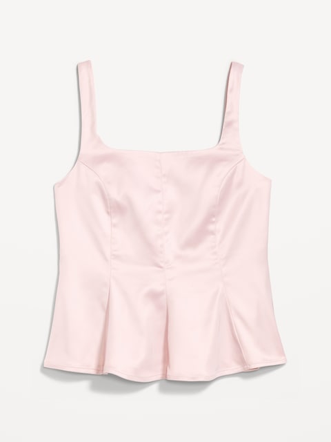 Square-Neck Satin Peplum Top - Pink Adobe