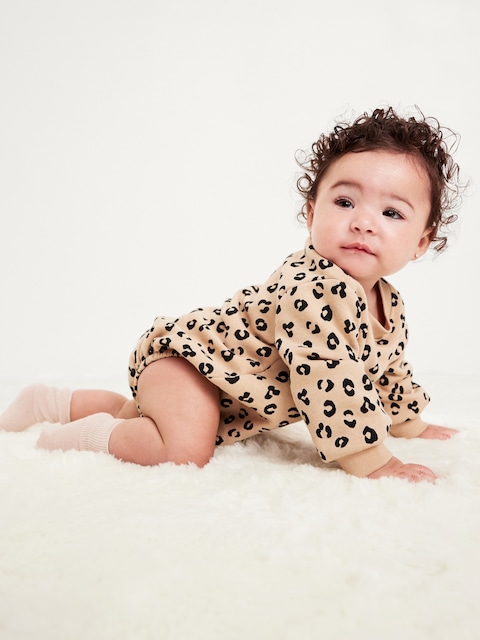 Printed Long-Sleeve Fleece One-Piece Romper for Baby - Leopard