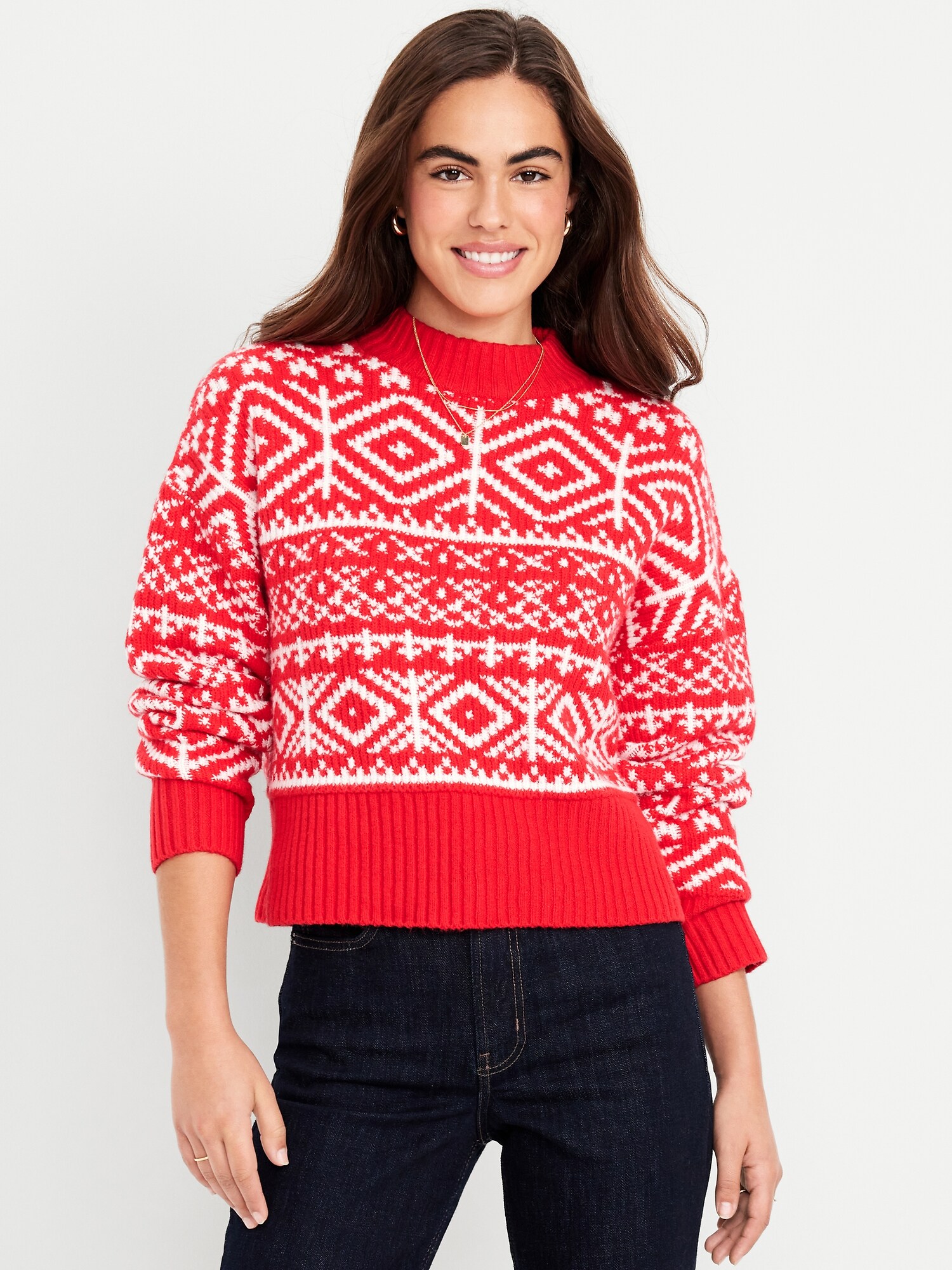 Женский свитер Old Navy SoSoft Mock-Neck Fair Isle, цвет: Красный — фото 6