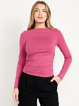 Long-Sleeve Slit-Neck Ruched Top - image 3
