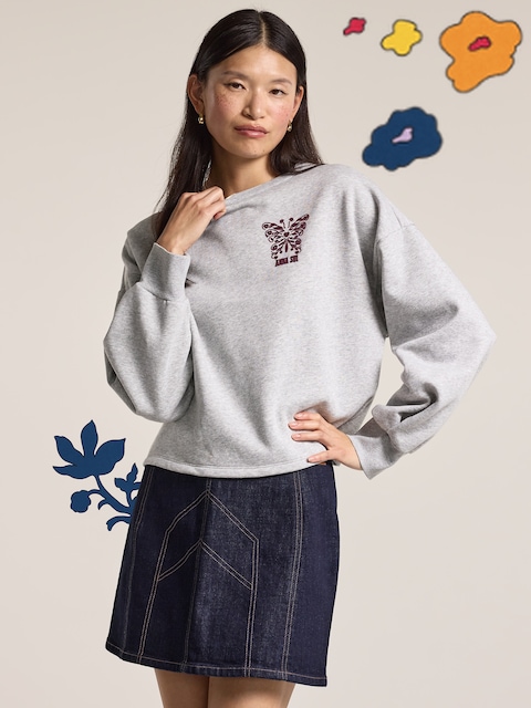 Old Navy x Anna Sui Crew Neck Graphic Fleece Sweatshirt - Heather Gray
