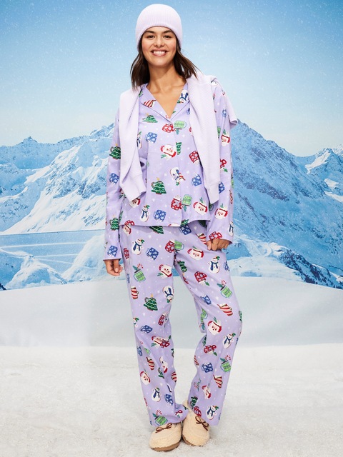 Printed Flannel Pajama Pant Set for Women - Purple Mugs (Match The Fam!)
