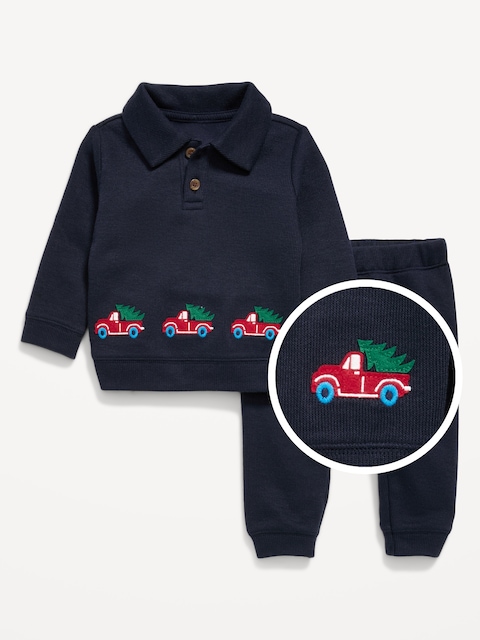 Long-Sleeve Collared Ribbed Top and Pants Set for Baby - In The Navy