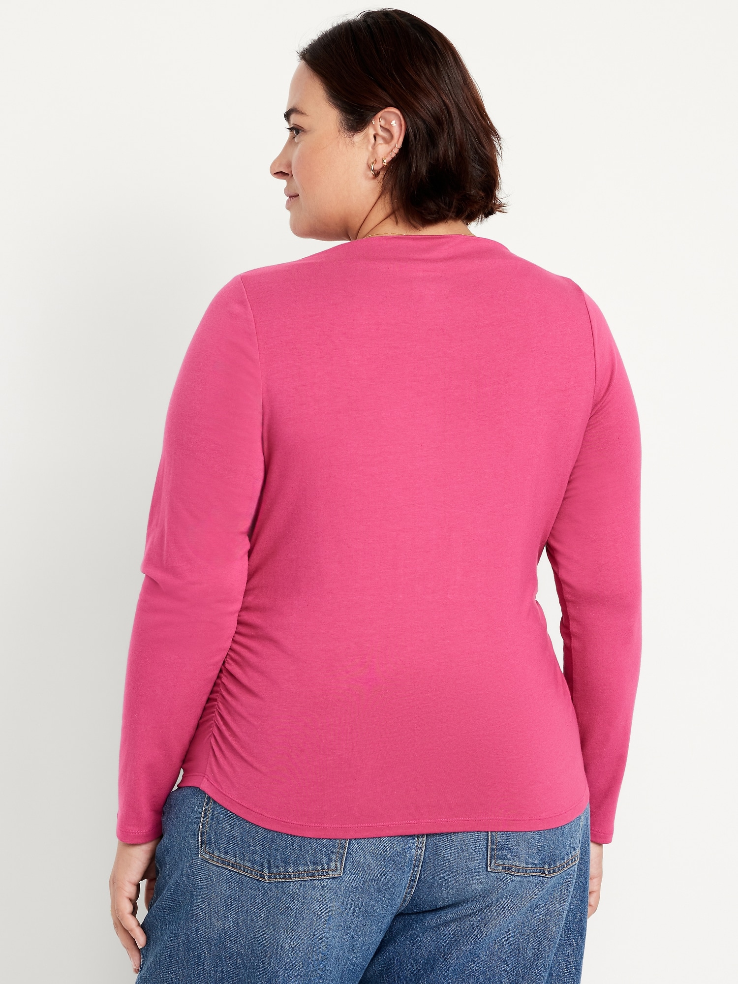 Long-Sleeve Slit-Neck Ruched Top