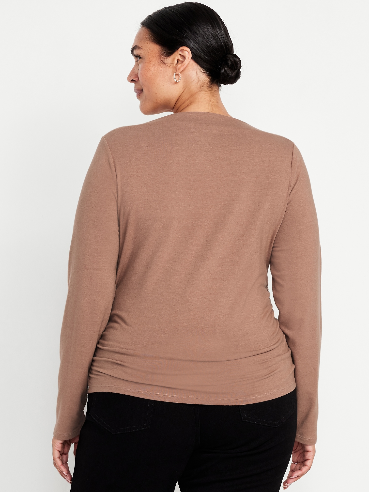 Long-Sleeve Slit-Neck Ruched Top | Old Navy