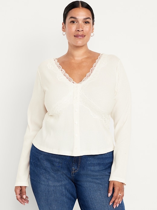 Image number 8 showing, Lace-Trim V-Neck Ribbed Top