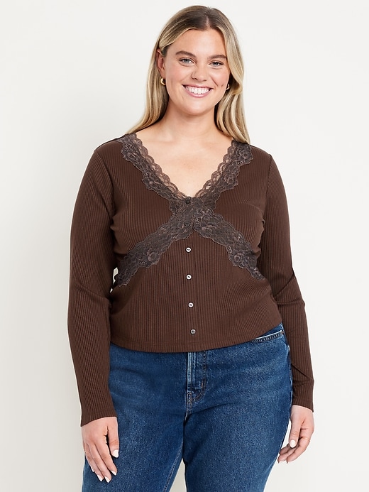 Image number 8 showing, Lace-Trim V-Neck Ribbed Top