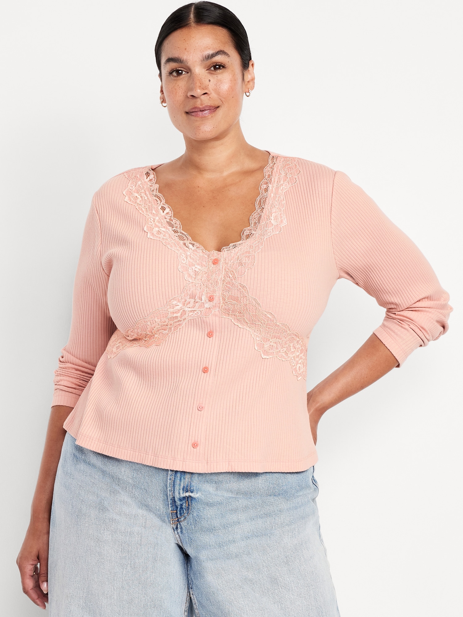 Lace-Trim V-Neck Ribbed Top