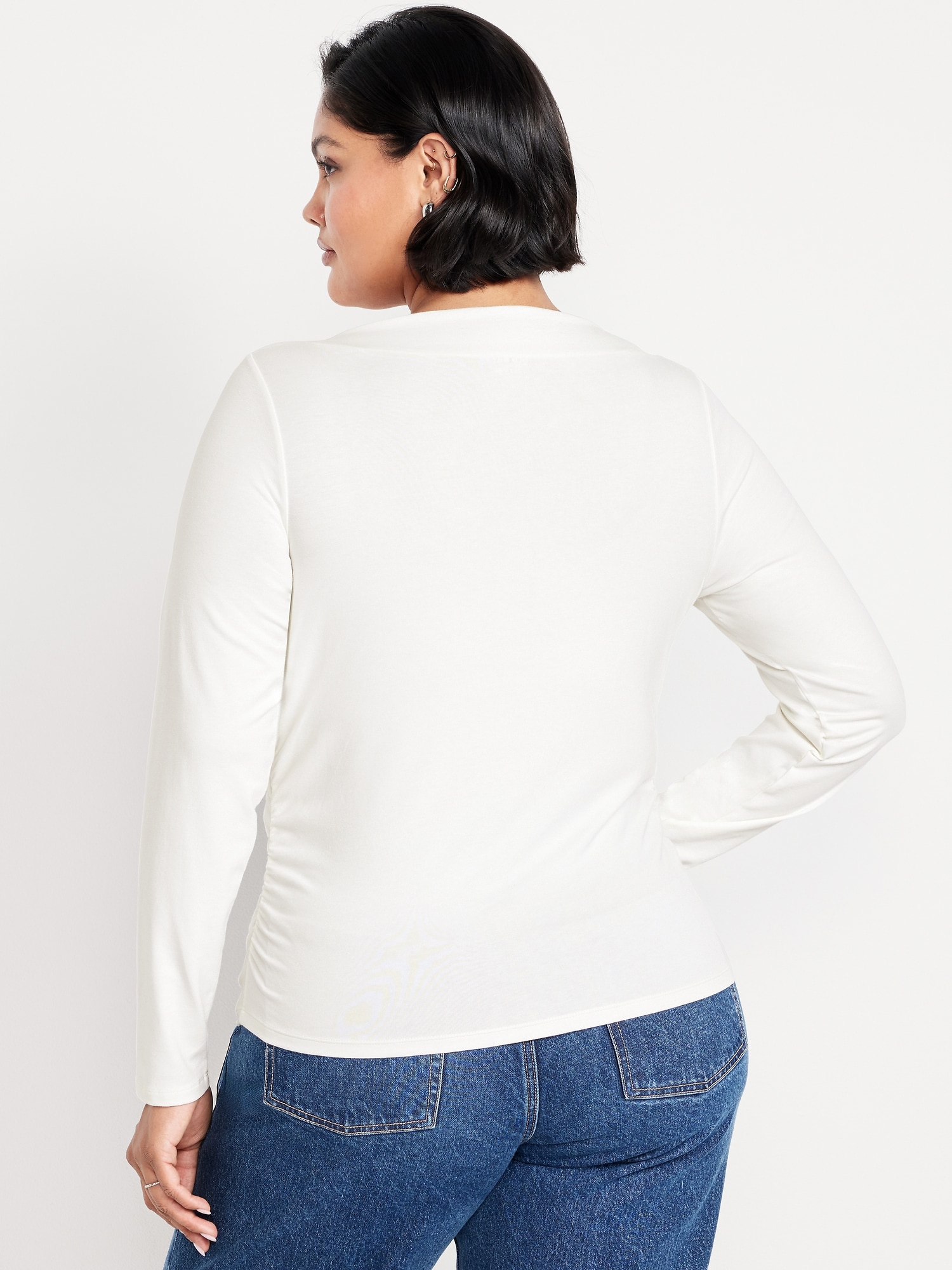 Long-Sleeve Slit-Neck Ruched Top | Old Navy