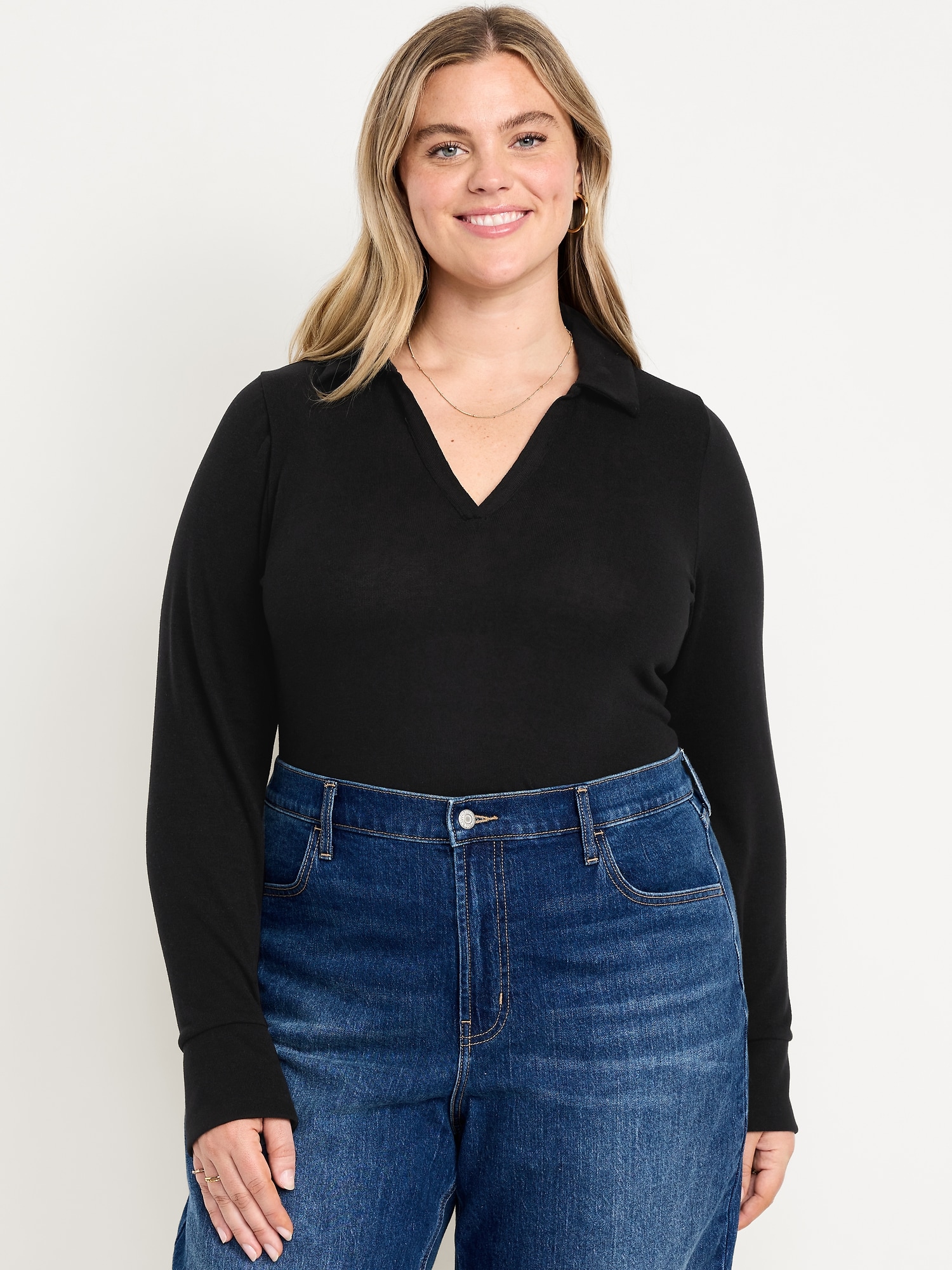 Split-Neck Long-Sleeve Pullover Shirt